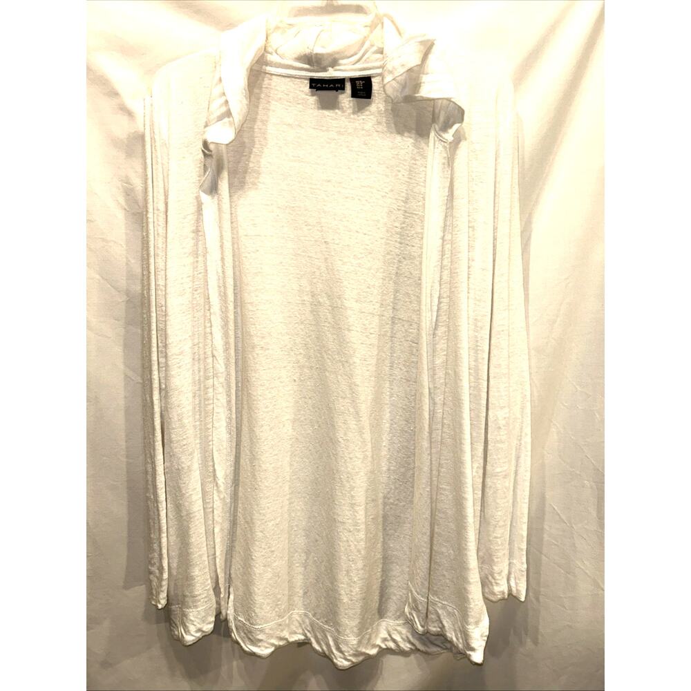 Tahari Women's Medium Linen Open Front Cardigan White Hooded Beach Resort Cruise